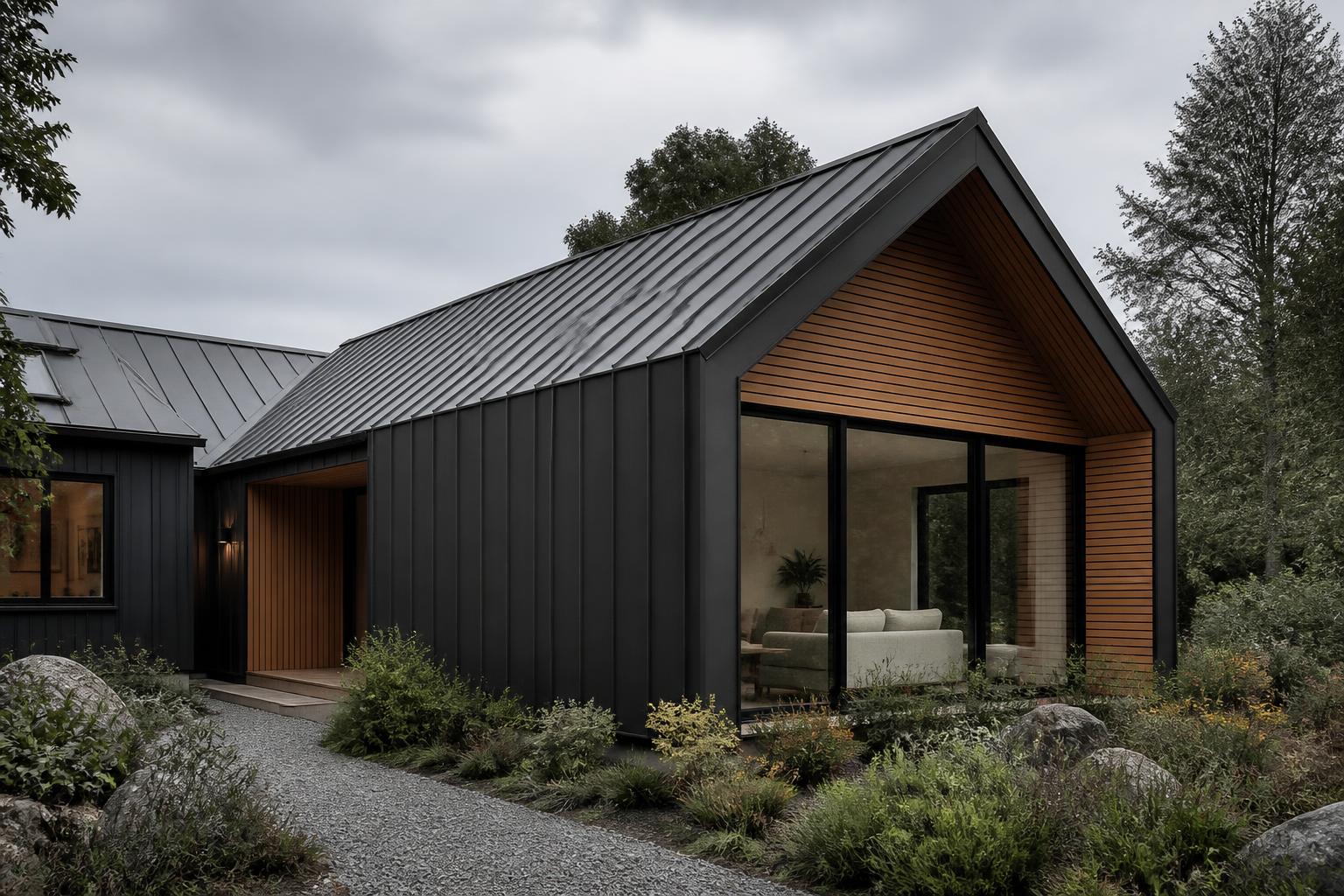 Ampliación residencial en Osorno con revestimiento metálico oscuro y madera