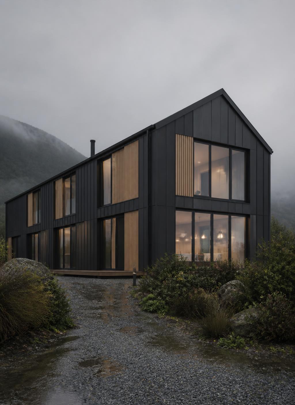 Proyecto llave en mano en el sur de Chile: edificio con revestimiento metálico oscuro y madera